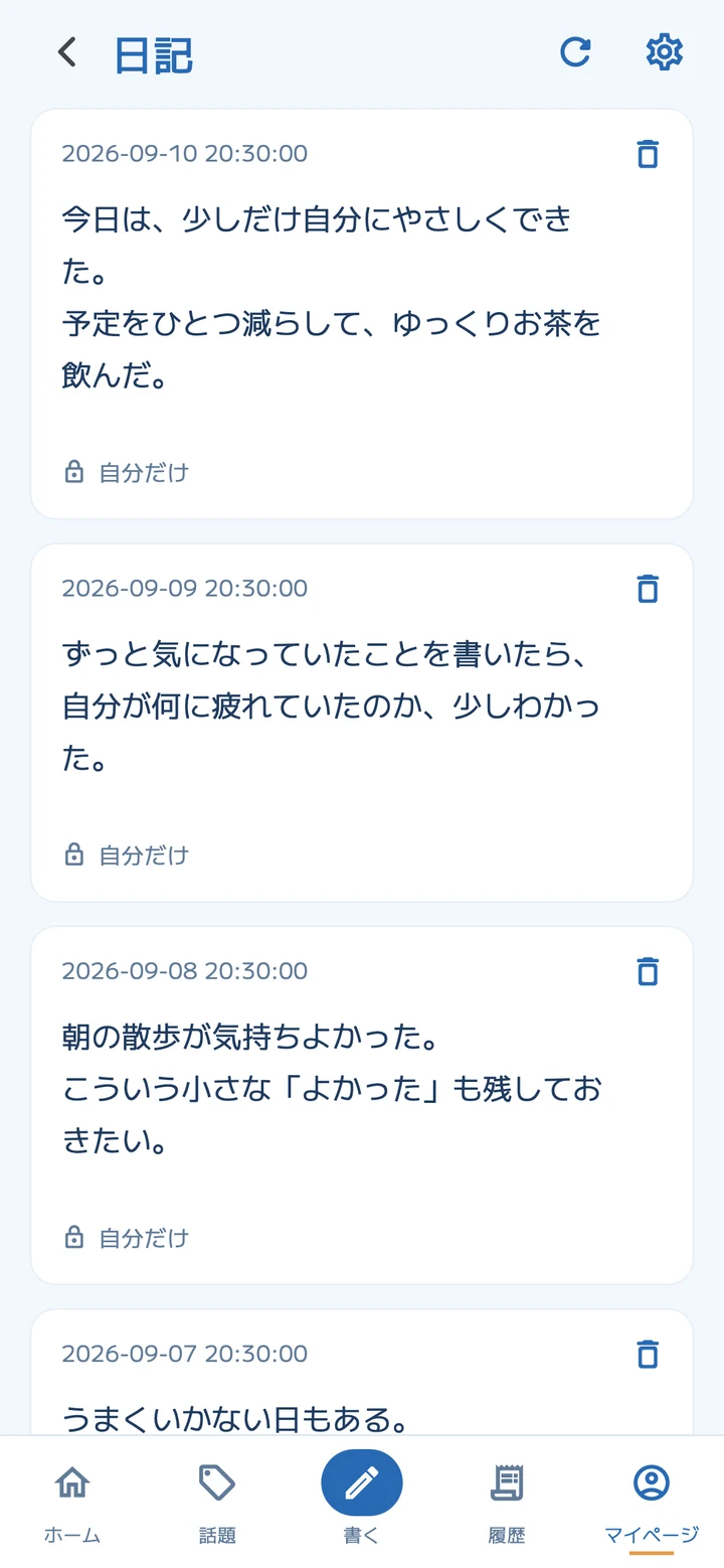 自分だけの日記を書ける画面